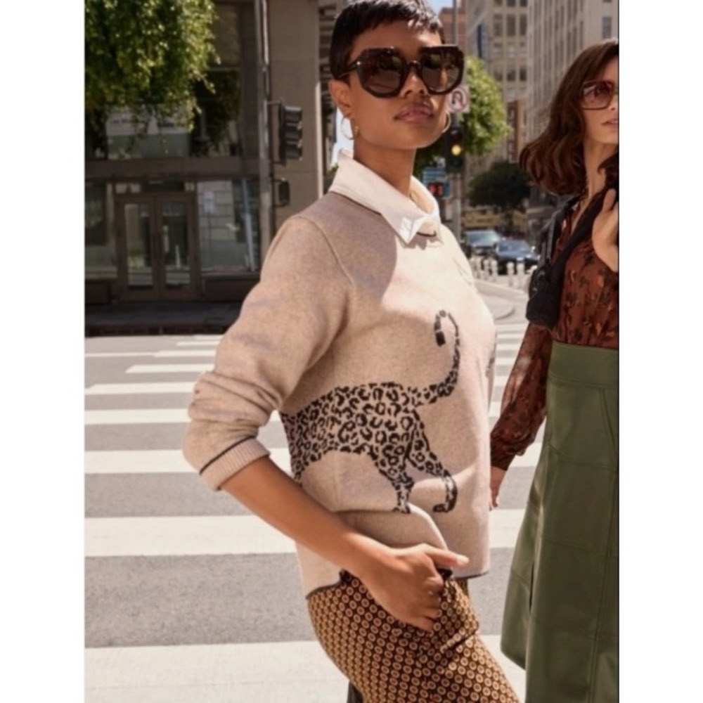 Cabi Cheetah Pullover Sweater Beige Black Intarsia Knit Animal Print 4658 XXL